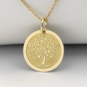14K Solid Gold Tree Of Life Pendant, Gold Coin Tree Necklace, Personalized Nature Jewelry, Engraved Tree Of Life Charm, Life Tree Pendant