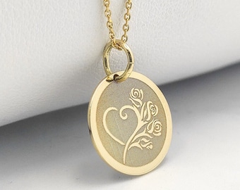 Gold Plated Rose Heart Pendant, Sterling Silver Disc Necklace