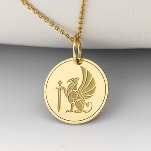 14K Solid Gold Griffin Pendant, Gold Gryphon Necklace, Personalized Greek Mythology Jewelry, Lion and Eagle Pendant, Ancient Greek Charm