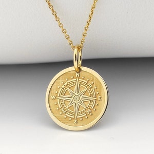 14K Solid Gold Compass Pendant, Engraved Compass Necklace, Gold Compass Jewelry, Personalized Compass Pendant, Navigation Compass Pendant