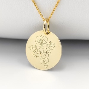 14K Solid Gold Hawthorn Flower Necklace, May Birth Flower Pendant, Gold Disc Hawthorn Flower Charm, Personalized Birthmont Flower Jewelry