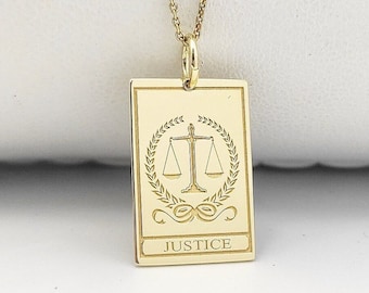 14K Solid Gold Justice Tarot Card Necklace, Justice Scale Pendant, Personalized Tarot Card Jewelry, Libra Scales Necklace, Justice Pendant
