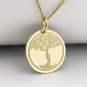 14K Solid Gold Tree Necklace, Personalized Nature Jewelry, Tree Of Life Pendant, Gold Coin Tree Life Charm, Dainty Family Tree Necklace