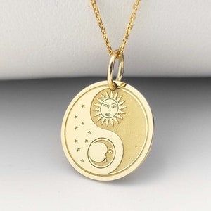 14K Solid Gold Yin Yang Sun Moon Necklace, Sun And Moon Pendant, Dainty Yin Yang Charm, Personalized Yin Yang Jewelry, Gold Religious Charm
