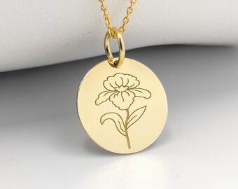 14K Gold Violet Flower Necklace, February Birthstone Pendant, Dainty Charm