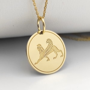 14K Solid Gold Sphinx Necklace, Egyptian Pendant, Mythology Jewelry, Gold Mythical Sphinx Charm, Personalized Sphinx Pendant, Sphinx Charm