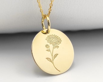 Gold Plated Marigold Necklace, October Birth Flower Pendant, Sterling Silver