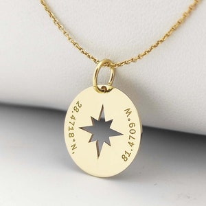 Gold Plated North Star Pendant, Engraved Coordinates Necklace,
