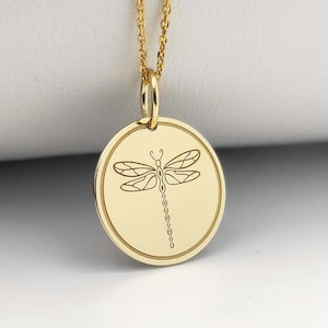 Colgante de libélula de plata esterlina, collar con disco de libélula, joyería de insectos personalizada, dije minimalista, collar de libélula bañado en oro