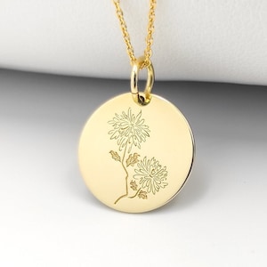 14K Solid Gold Chrysanthemum Flower Necklace, November Birth Flower Pendant, Flower Birthmonth Charm, Personalized Chrysanthemum Jewelry
