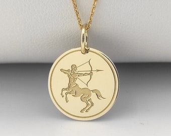 14K Solid Gold Sagittarius Necklace, Zodiac Horoscope Pendant