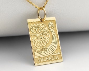 14K Solid Gold Valhalla Necklace, Viking Pendant, Gold Viking Compass Jewelry, Personalized Valhalla Charm, Viking Disc, Vegvisir Necklace