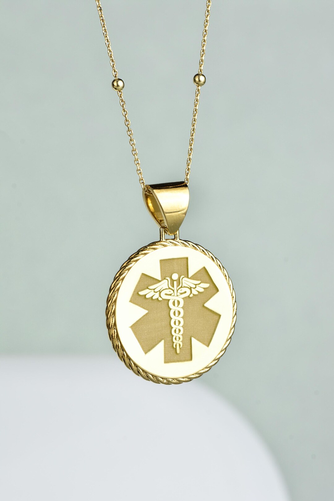 14K Solid Gold Medic Alert Necklace, Round Rope Pendant, Personalized ...