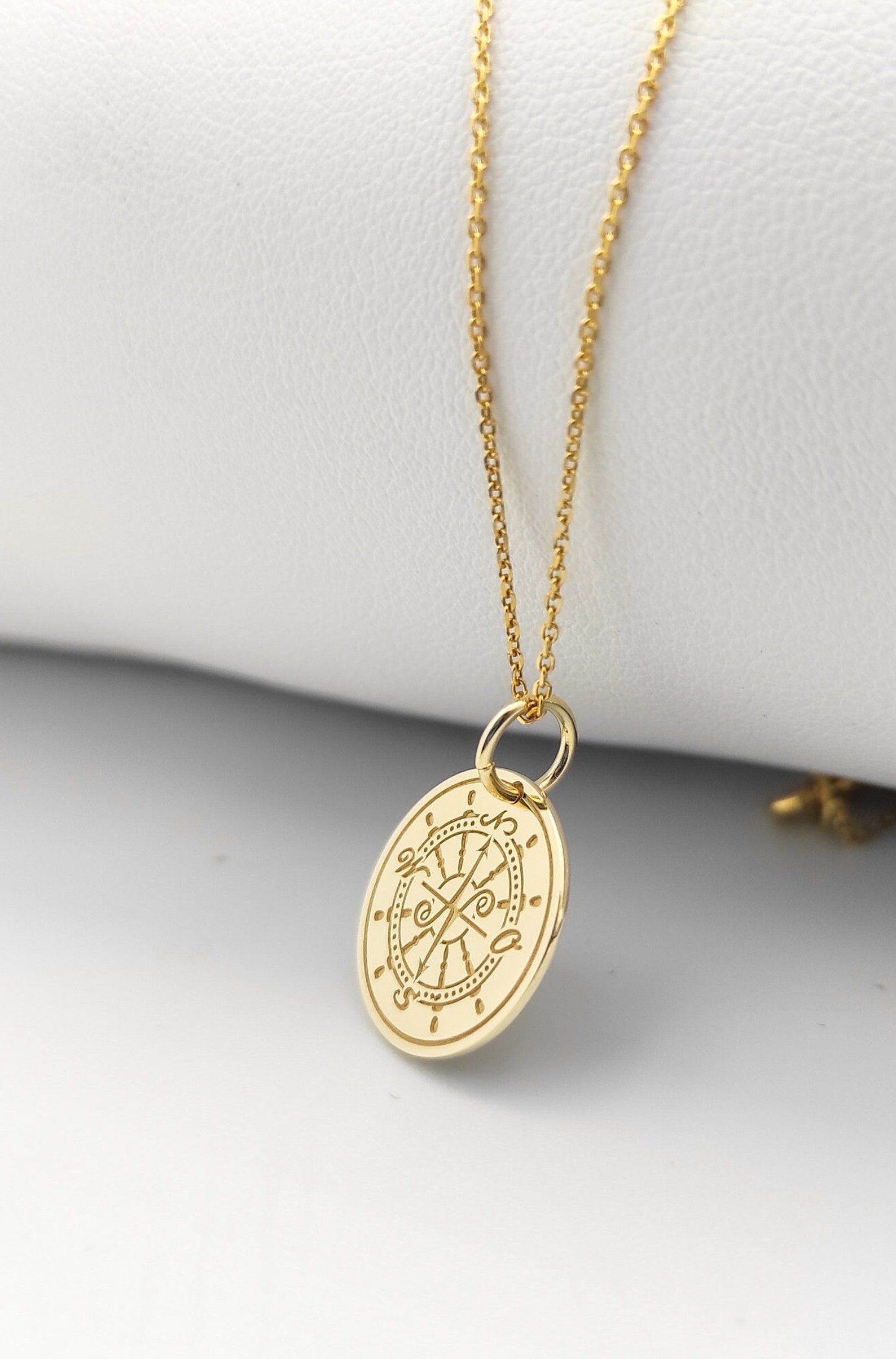 14K Solid Gold Compass Rudder Necklace, Gold Coin Nautical Pendant, Sea ...