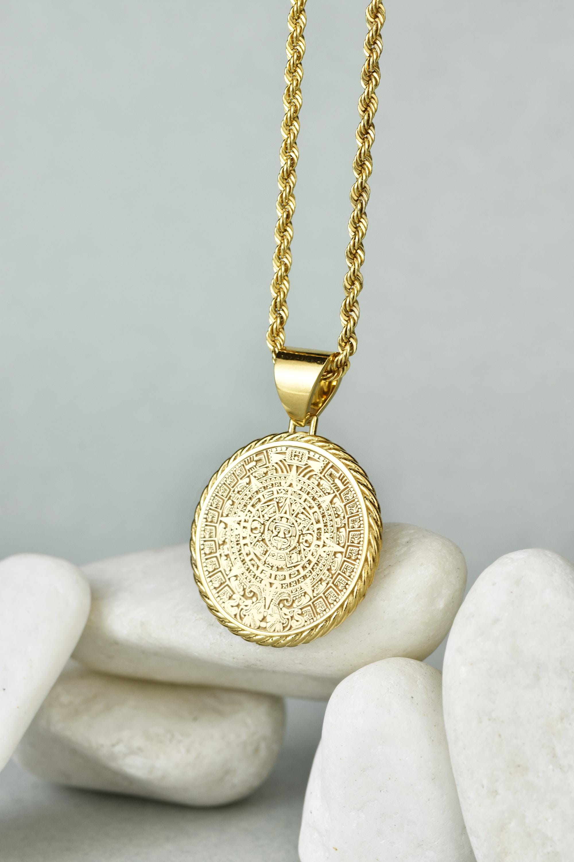 Sterling Silver Aztec Rope Necklace, Ancient Sun Stone Medallion, Piedra del Sol Charm, Ancient Mesoamerican Gift, Aztec Calendar Medallion