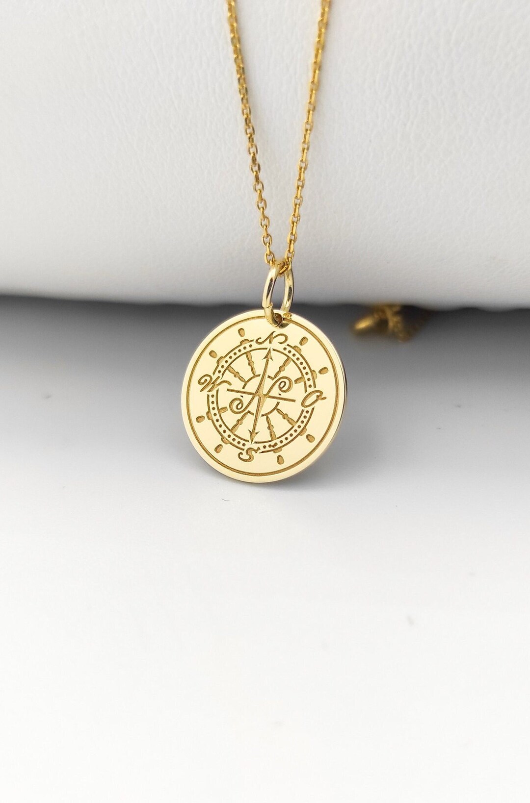 14K Solid Gold Compass Rudder Necklace, Gold Coin Nautical Pendant, Sea ...