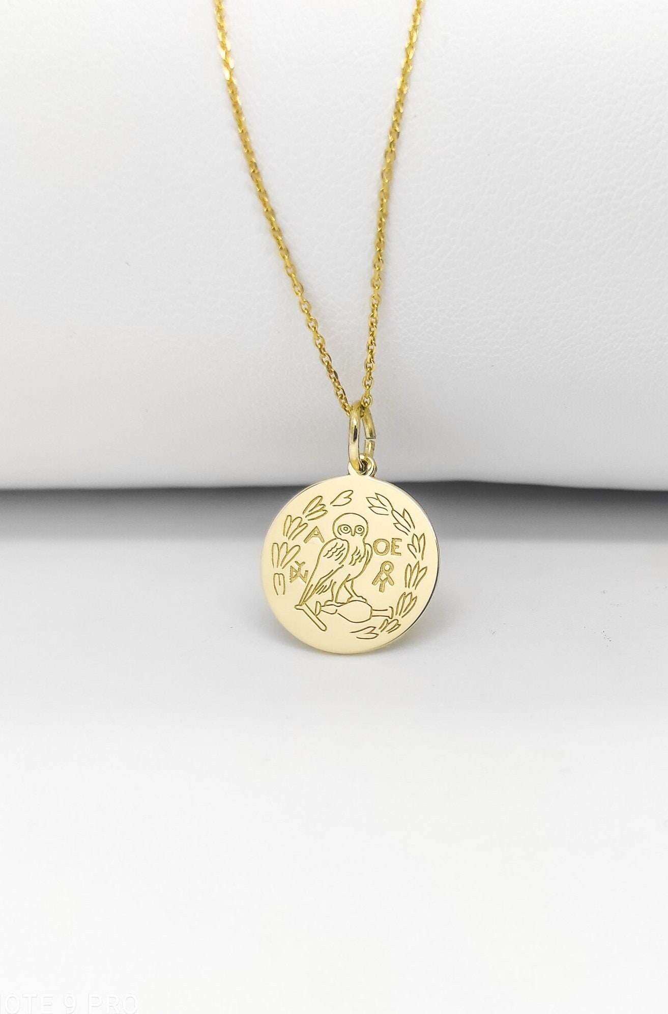14K Gold Owl Necklace, Personalized Engraved Charm