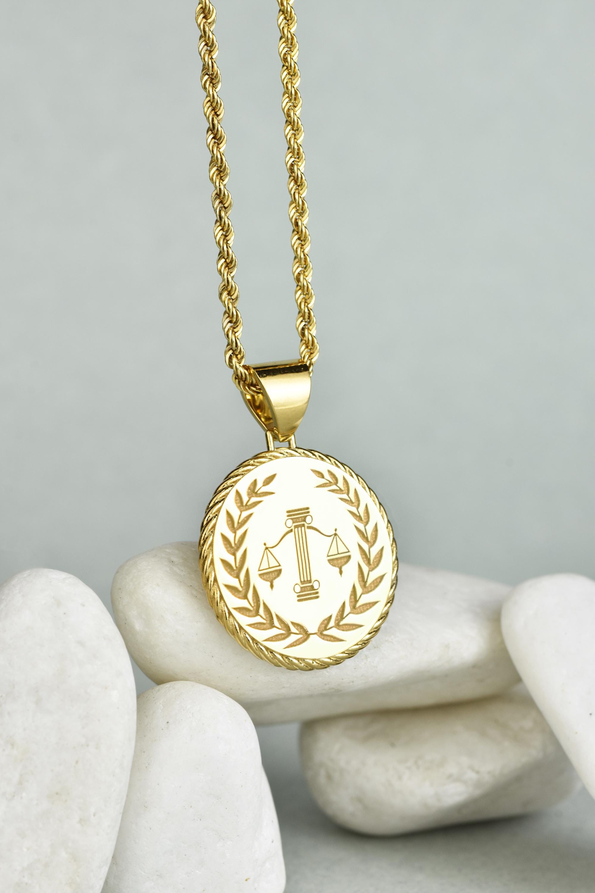 14K Gold Scale of Justice Necklace, Engraved Disc Charm, Lawyer 