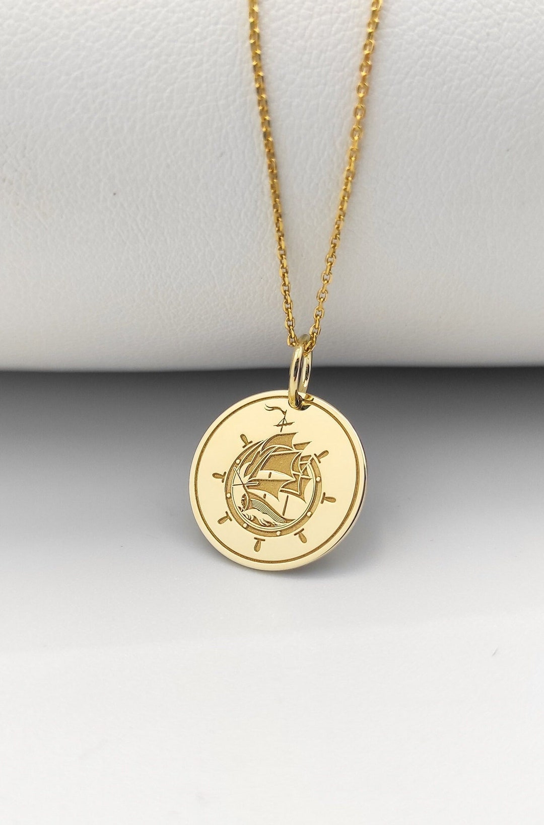 14K Solid Gold Ship Rudder Necklace, Gold Coin Ship Pendant ...