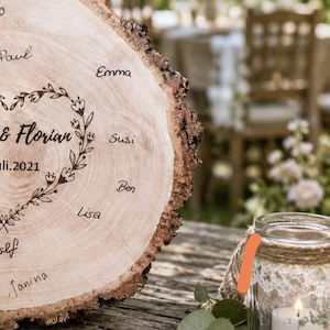 May include: A rustic wooden wedding sign with names and the date "Juli.2021" engraved on it. A small glass jar with a lit candle and twine detail sits next to the sign. The background is blurred, suggesting an outdoor event.