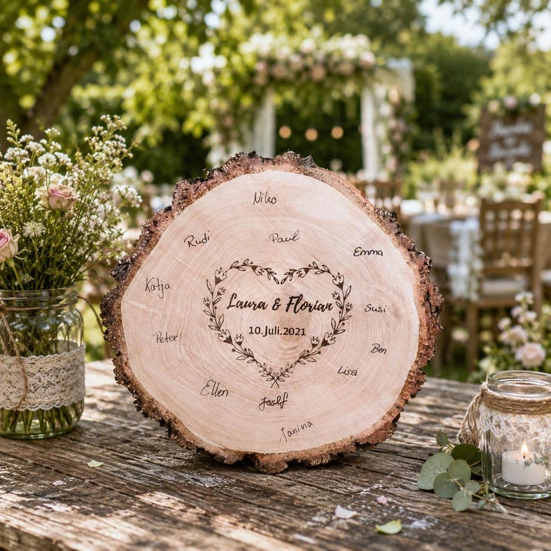 May include: A rustic wooden wedding sign with a natural edge. The sign features a heart-shaped design with the names "Laura & Florian" and the date "10. Juli.2021" in the center, surrounded by guest names. The sign is displayed on a wooden table.