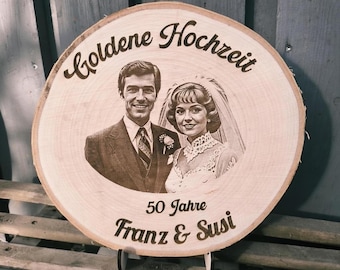 Golden wedding anniversary gift, photo on wood, silver wedding anniversary gift, personalized engraving, anniversary gift idea, tree slice