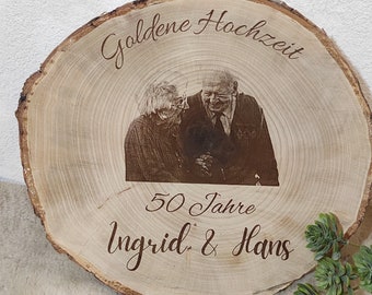 Fotogravur auf Holzscheibe / Personalisiertes Geschenk  / Goldene Hochzeit/ Silber Hochzeit / Geburtstag / Jahrestag / Vatertag Muttertag