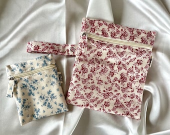 Wet bag, 3 sizes, PUL and cotton, water-repellent inner wet pocket, floral design with carrying handle, cloth sanitary pads, bikini panty liners