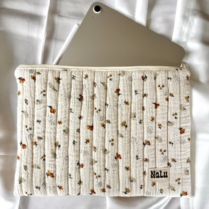 Sacoche pour tablette et ordinateur portable iPad, étui matelassé cousu, cadeau matelassé pour elle, en mousseline de coton beige, rembourré, trois tailles, fleurs, hérisson