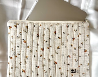 iPad Laptop Tablet Case, Sewn Quilted Case, Gift for Her, Beige Muslin Cotton, Padded, Three Sizes, Flowers, Hedgehog