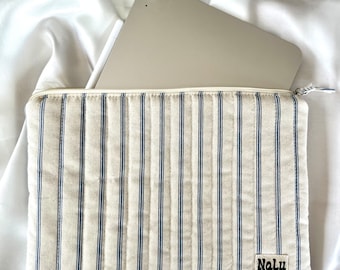 iPad Laptop Tablet Case, Sewn Quilted Case, Quilted, Gift for Her, Blue Beige Cotton, Padded, Three Sizes, Stripes, Scandi Style