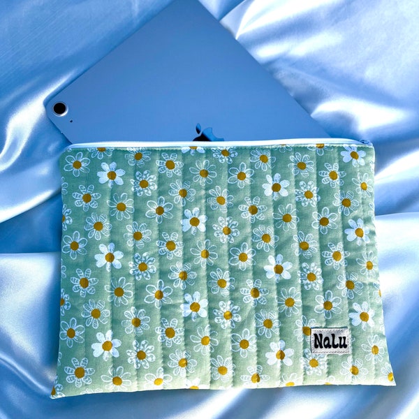 IPad ordinateur portable tablette étui sac cousu étui matelassé cadeau matelassé pour son coton blanc vert rembourré trois tailles fleurs marguerites