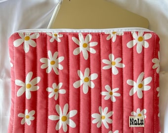 iPad Laptop Tablet Case, Sewn Quilted Case, Gift for Her, Pink and White Cotton Padded, Three Sizes, Heart and Flower Pattern
