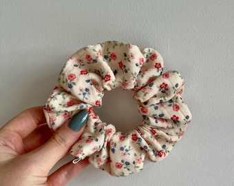 Coletero | 4 tamaños, de muselina 100% algodón | Estampado floral beige | Goma para el pelo de tela XXL, regular, infantil, pequeña, grande, para cabello grueso y fino
