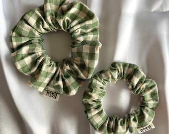 Scrunchie | 4 sizes made from 100% cotton | Checkered green beige | Fabric hair tie XXL regular children's small large thick and thin hair