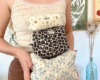 Cosmetic bag, 3 sizes | quilted, padded | fabric makeup bag box | floral/leopard print | handmade toiletry bag, sewn gift