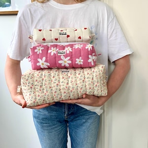 Borsa cosmetica 3 misure | trapuntato imbottito | Scatola portatrucchi in tessuto | Borsa porta attrezzi per capelli | Borsa da toilette fatta a mano, regalo cucito