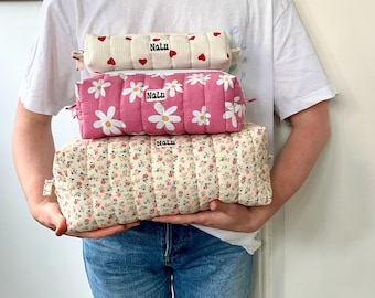 Cosmetic bag, 3 sizes | Quilted, padded | Fabric makeup bag box | Hair tool bag | Handmade toiletry bag, gift