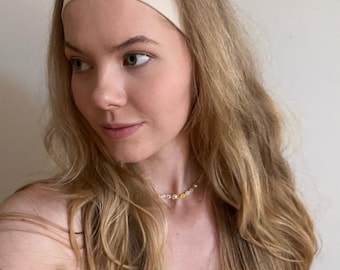 Elastic headband for women, 2 sizes | Beige basic headband | Handmade jersey headband | Wide, soft, stretchy | Yoga/sports headband