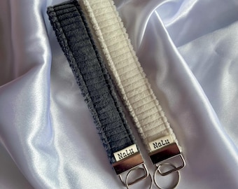 Fabric Keyring for Women | Wristlet Keychain | Corduroy Grey White Cotton | Wrist Key | Fabric Key Fob Boho