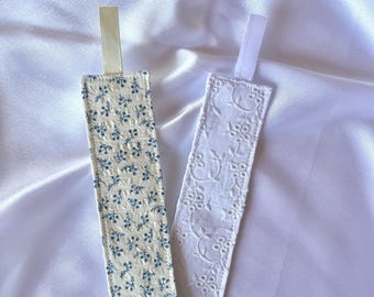 Fabric bookmark | Matches book covers | Sewn bookmark | Reading book gift | Cottagecore floral lace pattern beige blue white