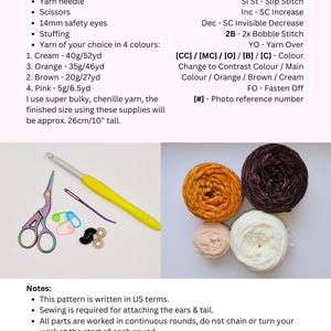 May include: Image of crochet supplies including a yellow hook, scissors, yarn needle, stitch markers, safety eyes, and four yarn colors: cream, orange, brown, and pink. The image also includes text listing materials and abbreviations for a crochet project.