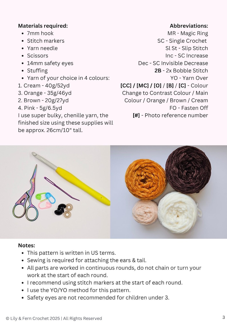 May include: Image of crochet supplies including a yellow hook, scissors, yarn needle, stitch markers, safety eyes, and four yarn colors: cream, orange, brown, and pink. The image also includes text listing materials and abbreviations for a crochet project.