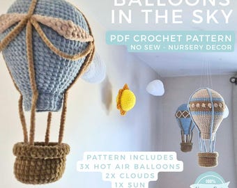 Hot Air Balloons Crochet Pattern – Nursery Decor, Clouds & Sun (PDF Pattern)
