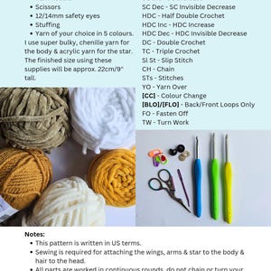 May include: Image of crochet supplies including yarn in various colors, crochet hooks, scissors, stitch markers, and safety eyes. The image also includes a list of materials and abbreviations for a crochet project. The finished size is approximately 9 inches tall.