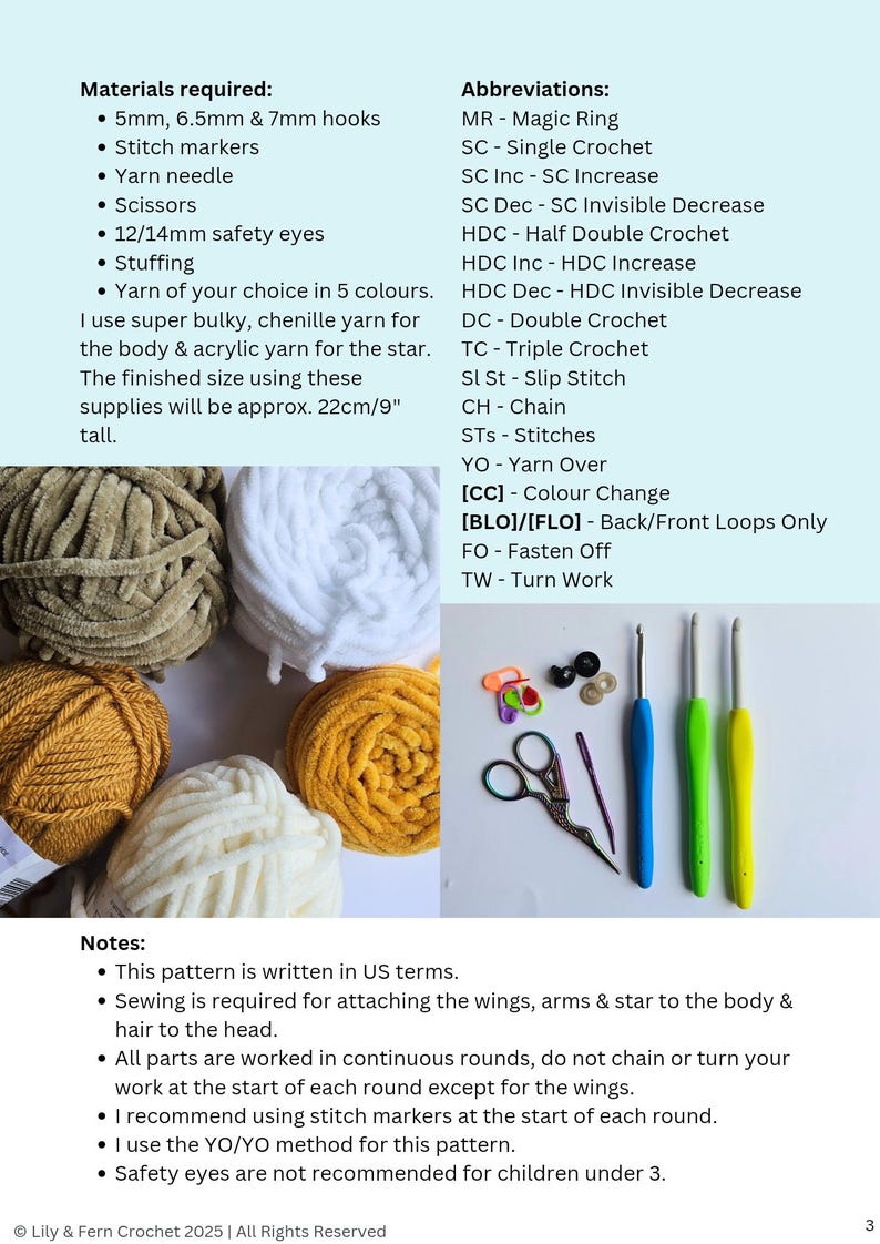 May include: Image of crochet supplies including yarn in various colors, crochet hooks, scissors, stitch markers, and safety eyes. The image also includes a list of materials and abbreviations for a crochet project. The finished size is approximately 9 inches tall.