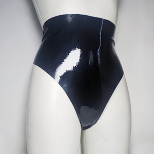 May include: Black high-waisted latex underwear with a shiny finish.