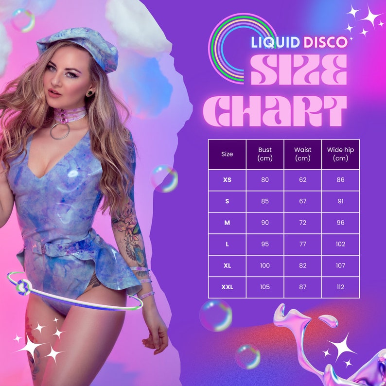 May include: Size chart for clothing in centimeters. The chart shows sizes XS through XXL with corresponding bust, waist, and wide hip measurements.