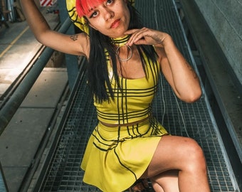 Tartan-Latex-Set, Oberteil, Rock, Halsband, Baskenmütze, Y2K Rave | TARTAN |