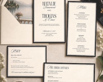 Conjunto de convites de casamento clássicos e elegantes, com um toque botânico e sofisticado, em estilo minimalista - Blackwood Manor